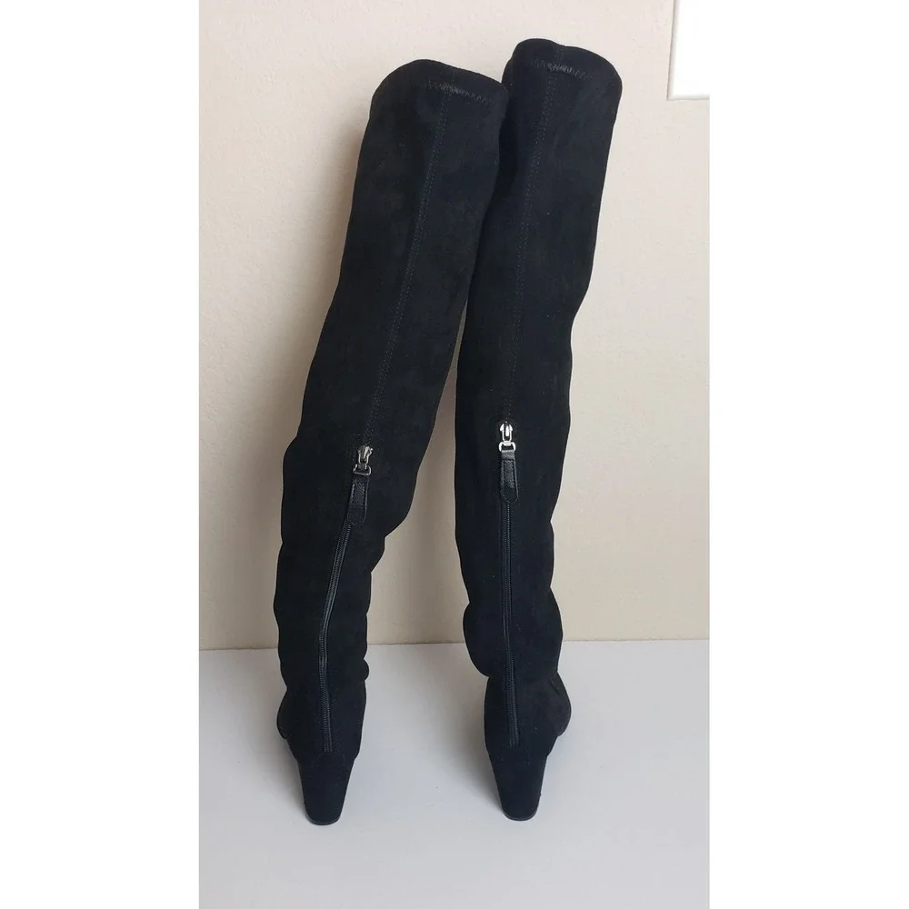 Black Faux Suede Over The Knee Stretch Boots Pointed Toe Block Heel 41 Goth Fall